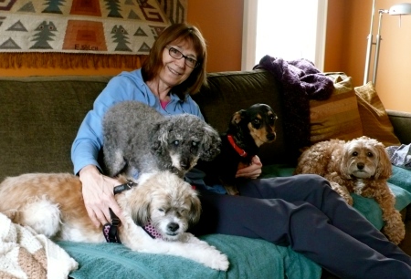 And here she is: Linda!  Linda is surrounded by her 4 dogs.  Linda's passion in life is rescuing dogs that have been abandoned or put in kill shelters simply because they are elderly or blind or sick or have been hit by a car and have a broken hip  (you are looking at those very real stories in this photo!).  I am blessed 100 fold because I am surrounded by the most remarkable people!